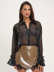 Women Organza Button-Up Blouse - Black