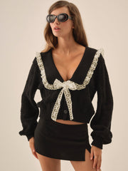 Women Frenchy Pointelle Knit Cardigan - Black