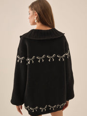 Women Bow Intarsia Knit Sweater - Black
