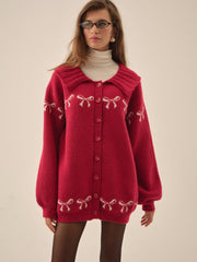 Women Bow Intarsia Knit Sweater - Red