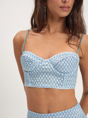 Women Glitter Grid Bustier Top - Blue