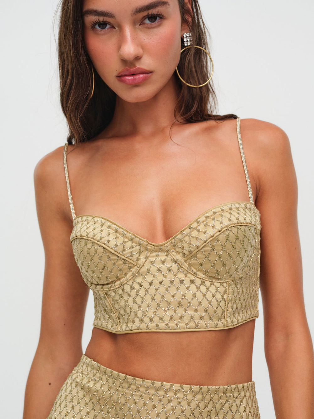 Women Glitter Grid Bustier Top - Gold