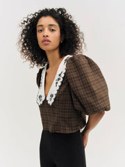 Women University Plaid Top - Brown