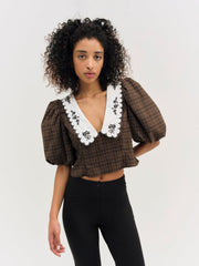 Women University Plaid Top - Brown