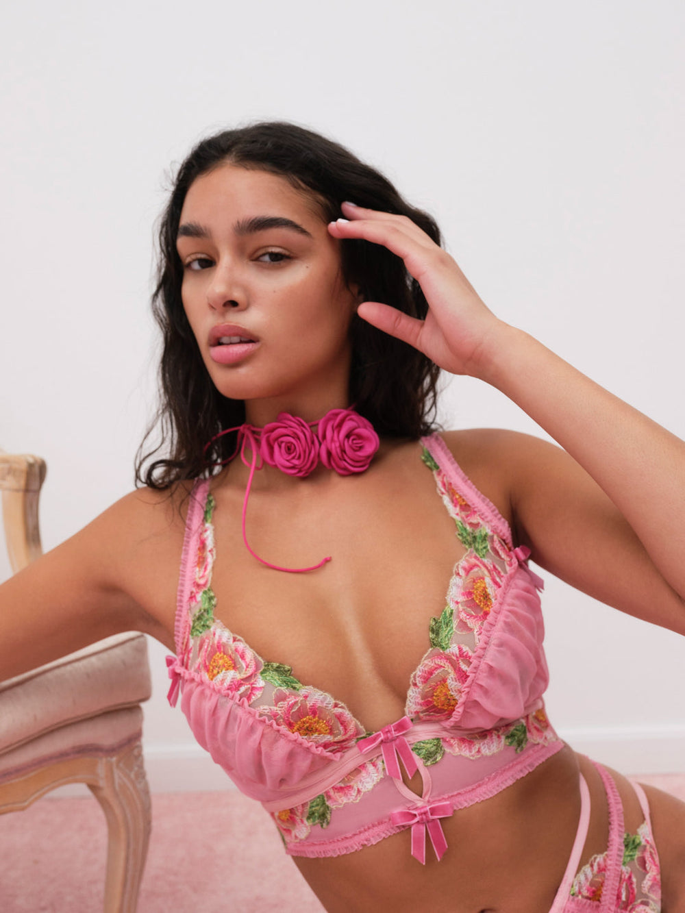 Women Needle Point Roses Bustier - Pink