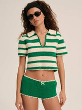 Women Crochet Rugby Polo Top - Green