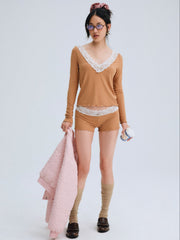 Women Eisley Ribbed Knit Top - Brown