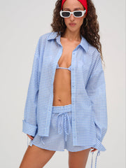 Women Gingham Button-Down Top - Blue