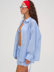 Women Gingham Button-Down Top - Blue