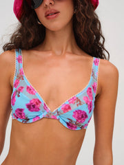 Women Floral Stems Underwire Bikini Top - Blue
