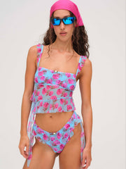 Women Floral Stems Ruffle Tankini - Blue