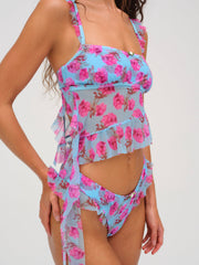 Women Floral Stems Ruffle Tankini - Blue