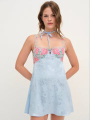 Women Vintage Rose Eyelet Slip - Blue