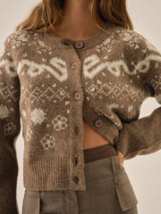 Women Arabella Intarsia Crewneck Cardigan - Brown