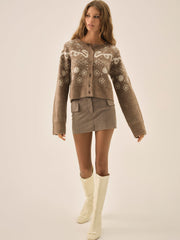 Women Arabella Intarsia Crewneck Cardigan - Brown