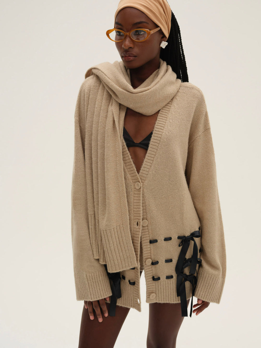 Women Solana Cardigan with Scarf - Tan
