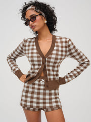 Women Gingham Knit Cardigan - Brown