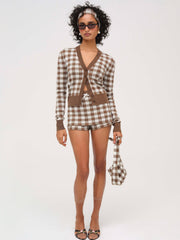 Women Gingham Knit Cardigan - Brown