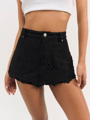 Women Daisy Eyelet Denim Skort - Black