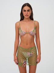 Women Tulip Grid Rhinestone Skirt - Green