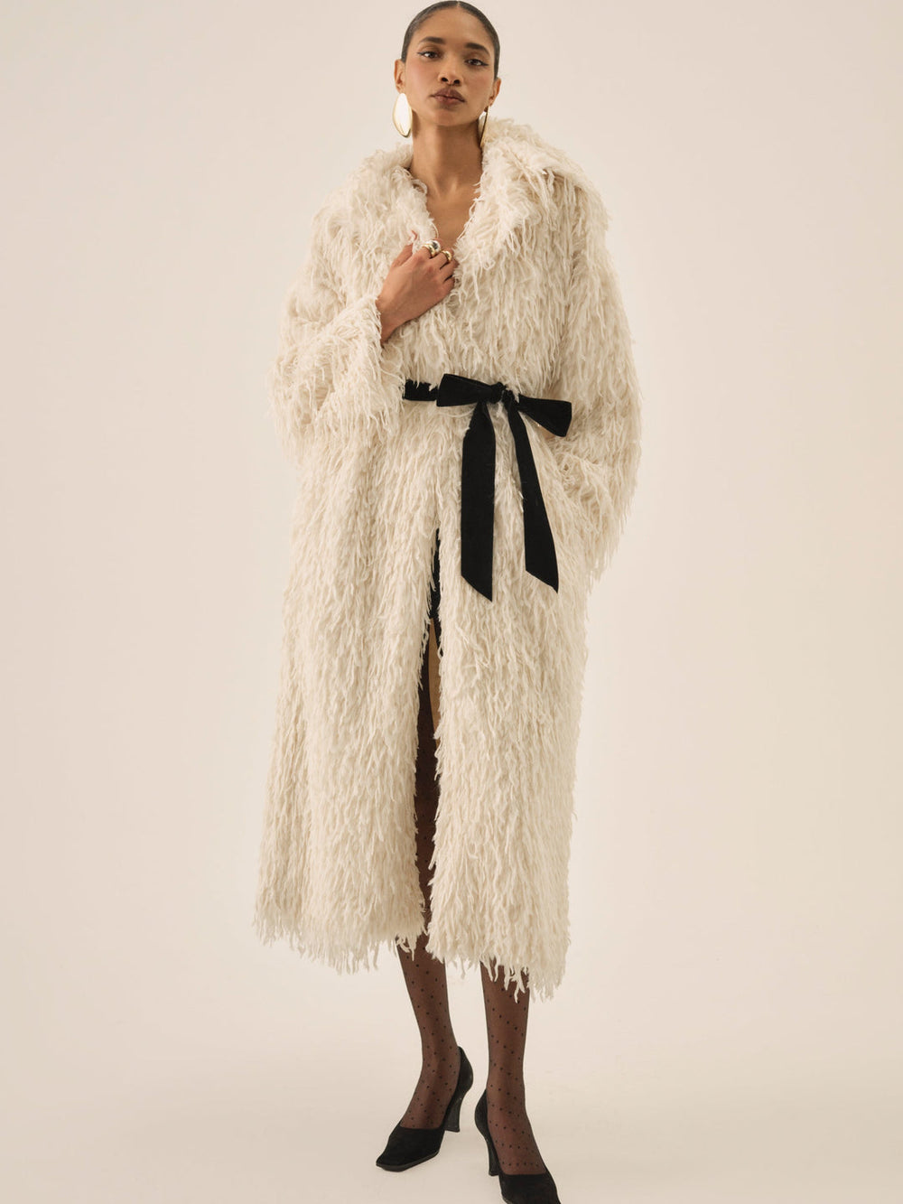 Women Ruffle Faux Feather Coat - Cream
