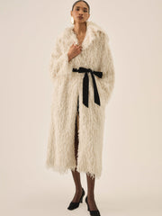 Women Ruffle Faux Feather Coat - Cream