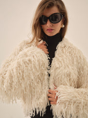 Women Ruffle Faux Feather Jacket - Cream