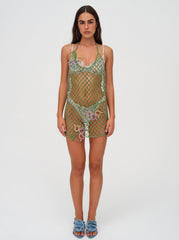 Women Tulip Grid Rhinestone Dress - Green