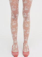Women Floral Knit Tights - White