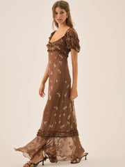 Women Beaded Garden Bow Maxi Dress - Brown