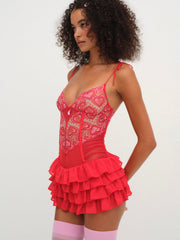 Women Heartbeat Lace Slip Dress - Red