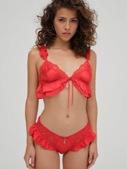 Women Butterfly Lace Ruffle Bralette - Red