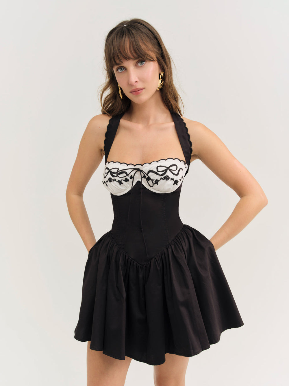 Women Tea Time Poplin Bustier Mini Dress - Black