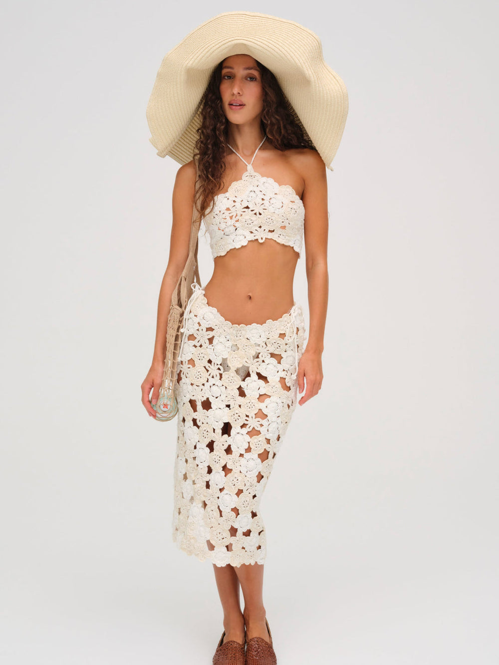 Women Floral Crochet Coverup Midi Skirt - White