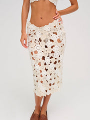 Women Floral Crochet Coverup Midi Skirt - White