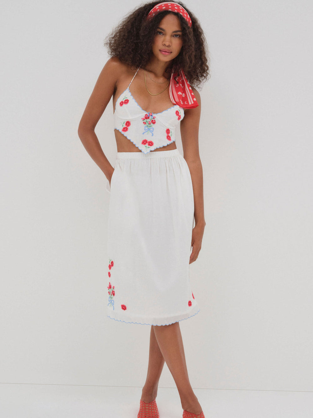 Women Forget Me Not Embroidery Midi Skirt - White