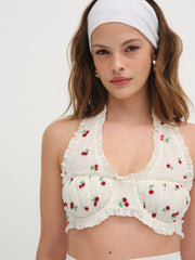Women Beaded Cherries Underwire Bra - Red