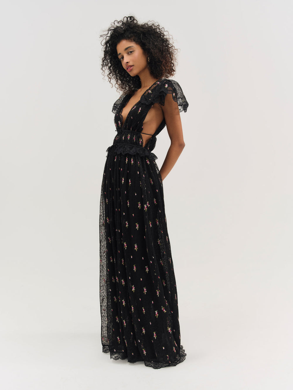 Women Poppy Pleated Lace Maxi Dress - Black