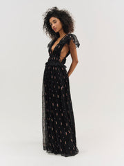 Women Poppy Pleated Lace Maxi Dress - Black