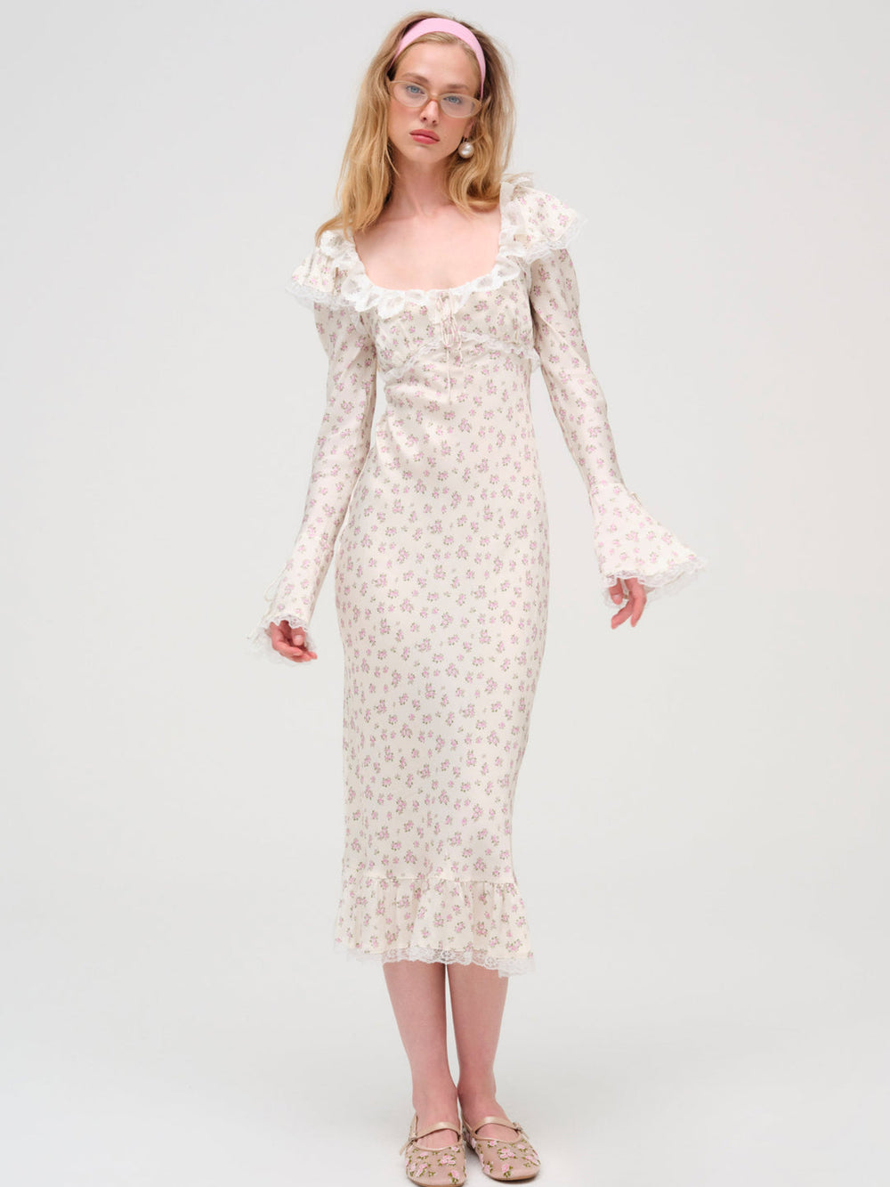 Women Pastel Fields Midi Dress - Cream
