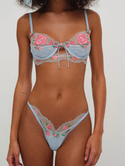 Women Vintage Rose Eyelet Thong Panty - Blue