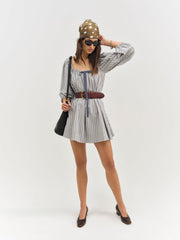 Women Linen Stripe Mini Dress - Blue