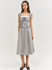 Women Linen Stripe Midi Dress - Blue