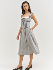 Women Linen Stripe Midi Dress - Blue