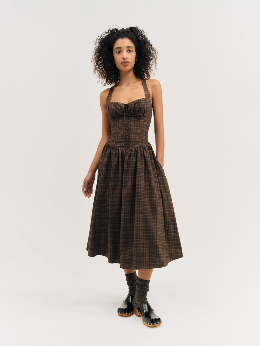 Women University Plaid Midi Dress - Brown