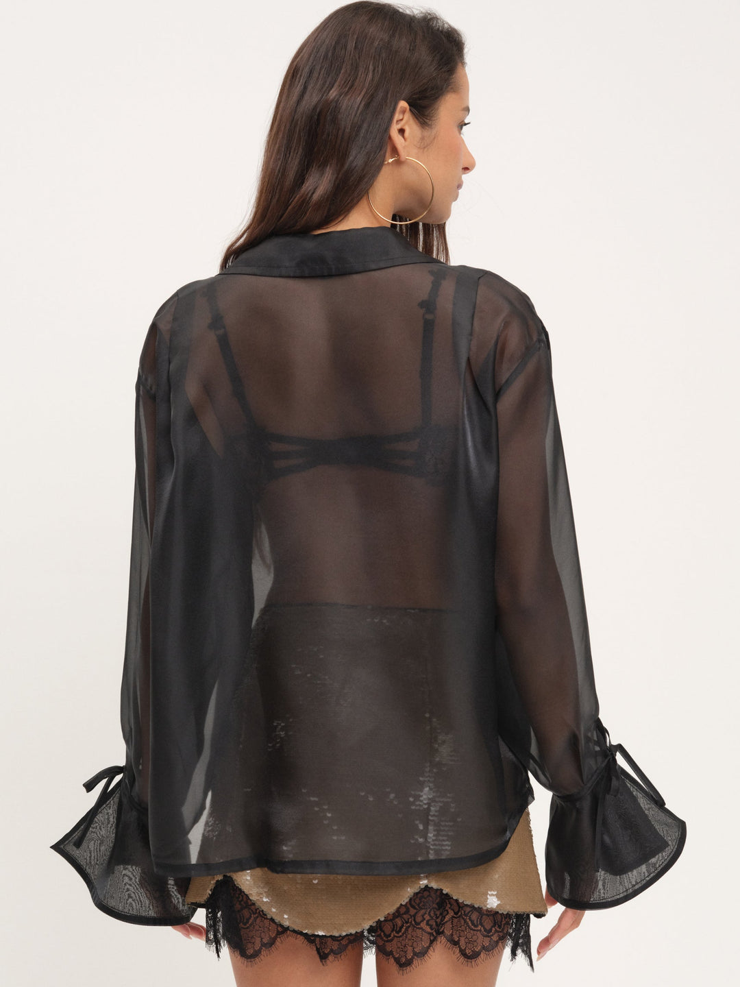Women Organza Button-Up Blouse - Black