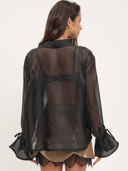 Women Organza Button-Up Blouse - Black