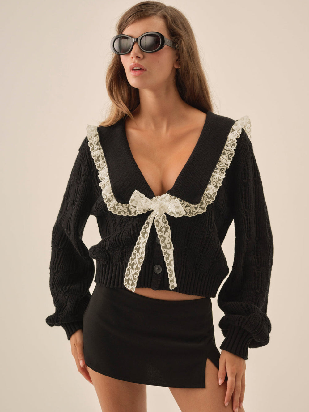 Women Frenchy Pointelle Knit Cardigan - Black