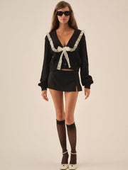 Women Frenchy Pointelle Knit Cardigan - Black
