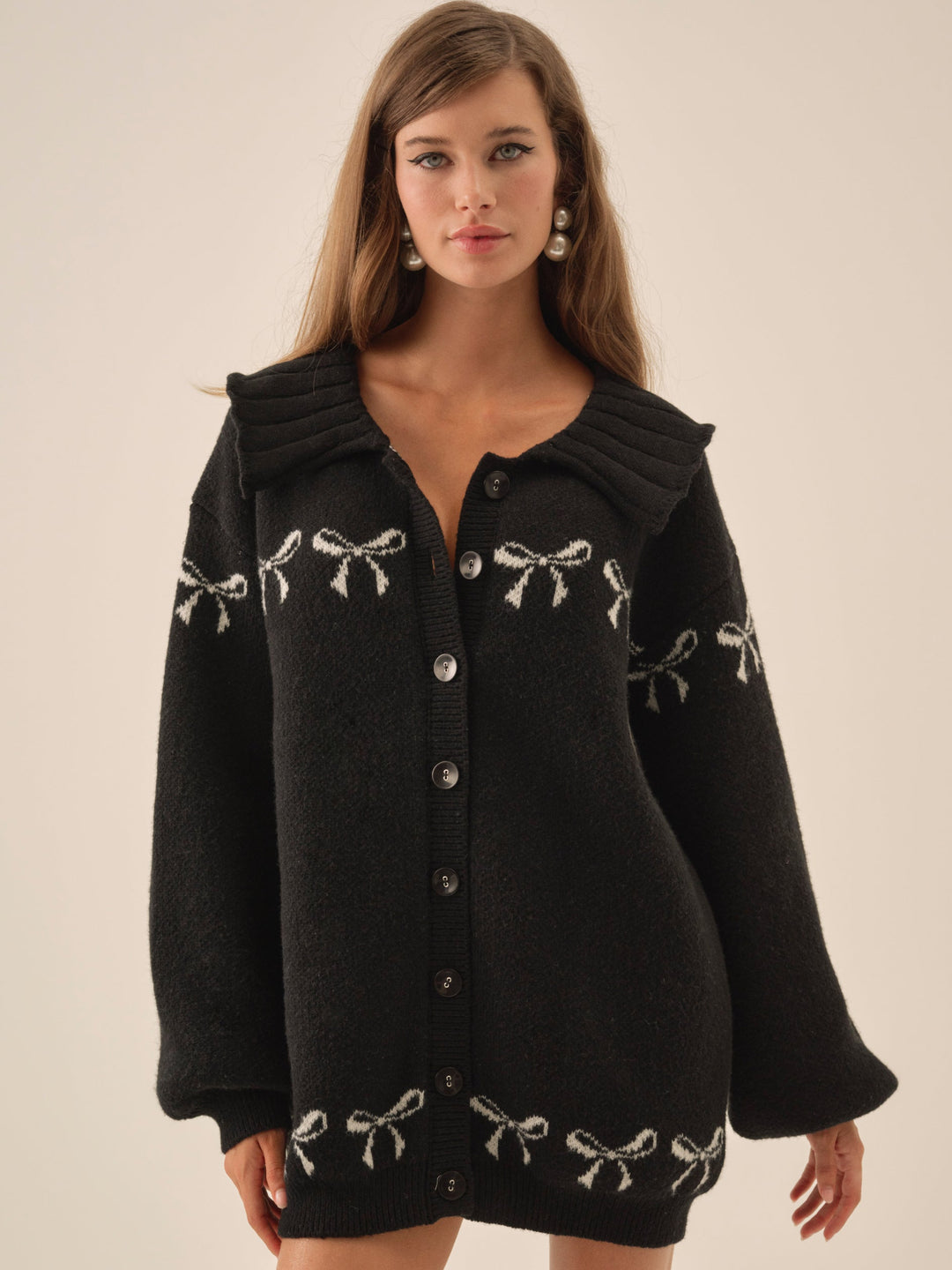 Women Bow Intarsia Knit Sweater - Black